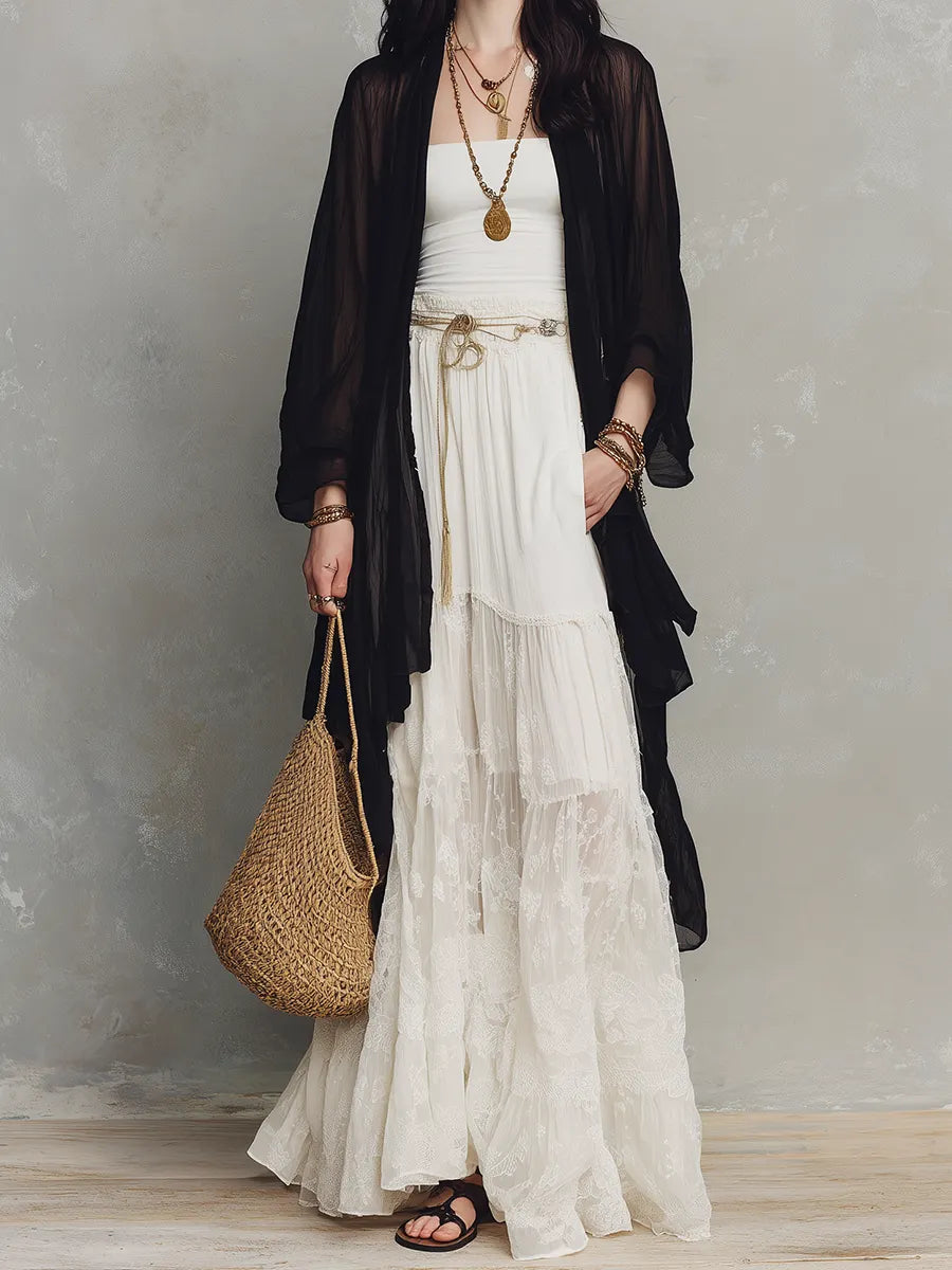 Black Sheer Duster & Ivory Lace Tiered  – Modern Bohemian Elegance Maxi Skirt