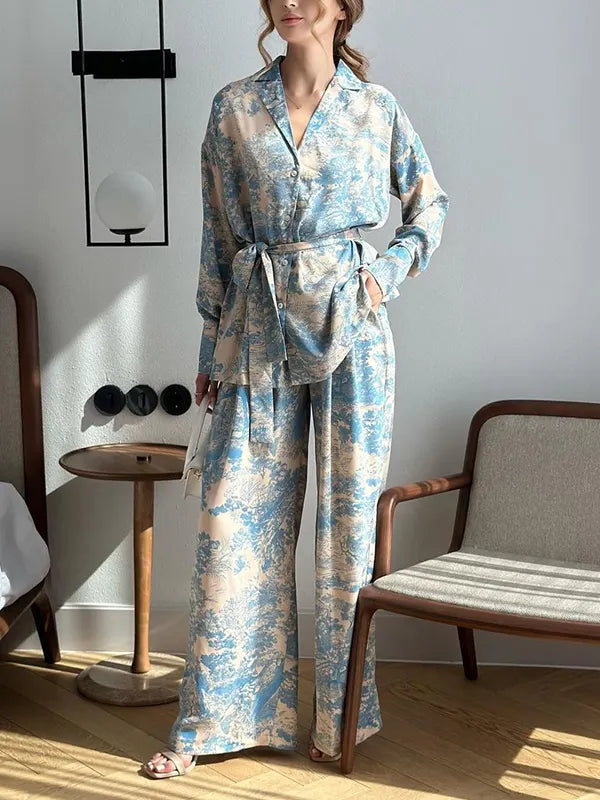 Buttoned Printed Tied Waist High Waisted Long Sleeves Notched Collar Two Pieces Set Pants Set