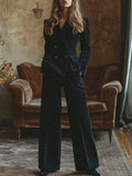 [24-hour shipping out]Retro Fashion Navy Lapel Corduroy Double-breasted Blazer and Wide-leg Pants Two-piece Set