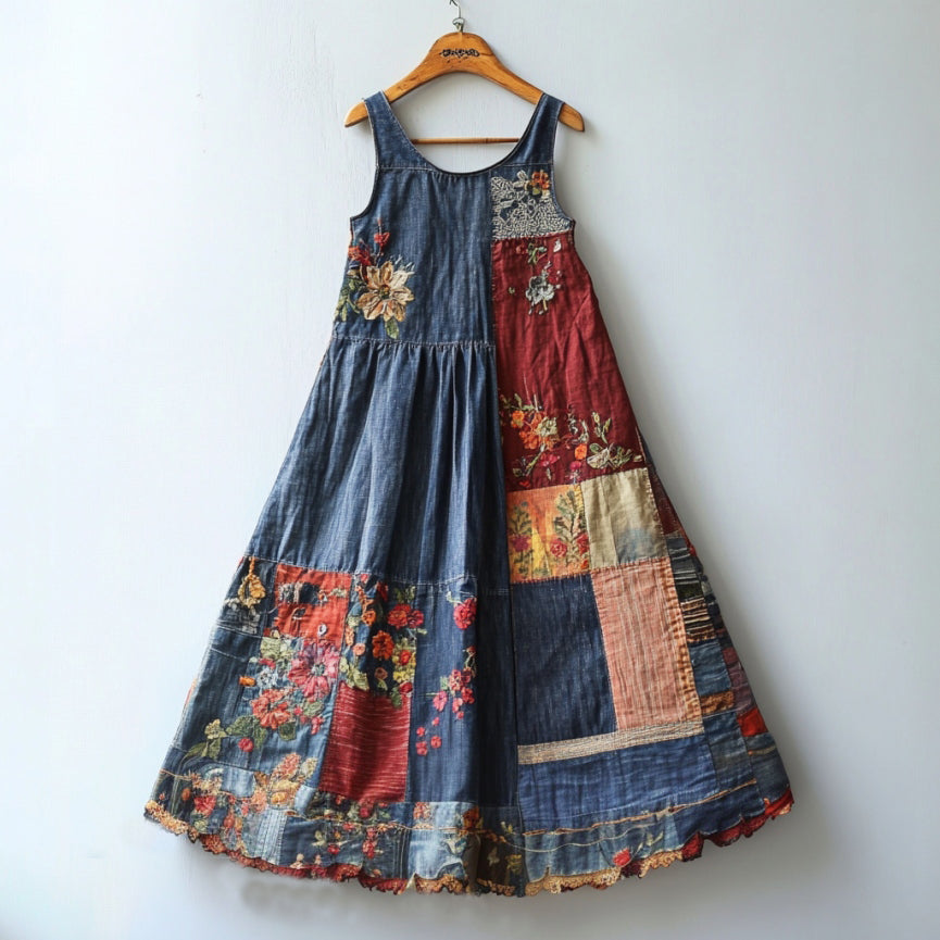 Bohemian Patchwork Floral Embroidery Art Comfortable Vest Maxi Dress