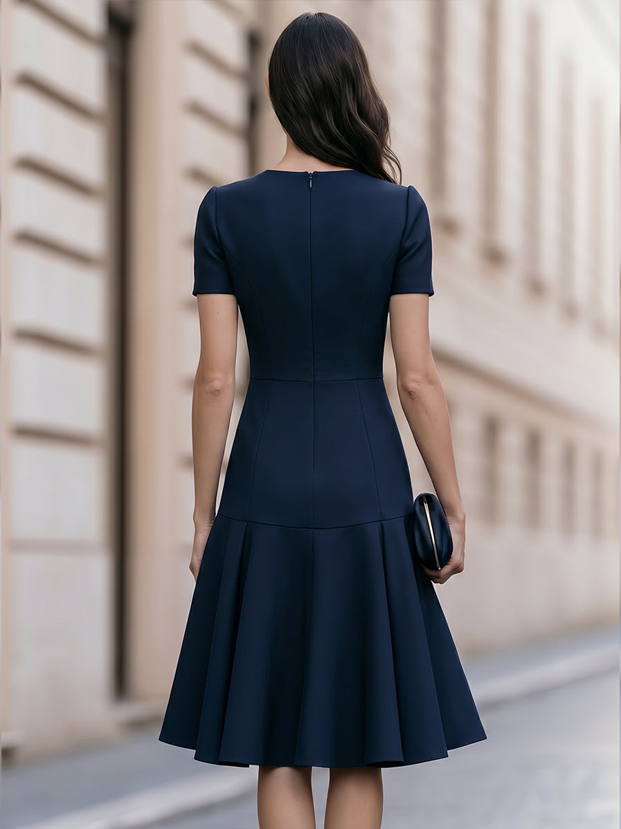 Structured Flare Hem Short Sleeve Midi Dress