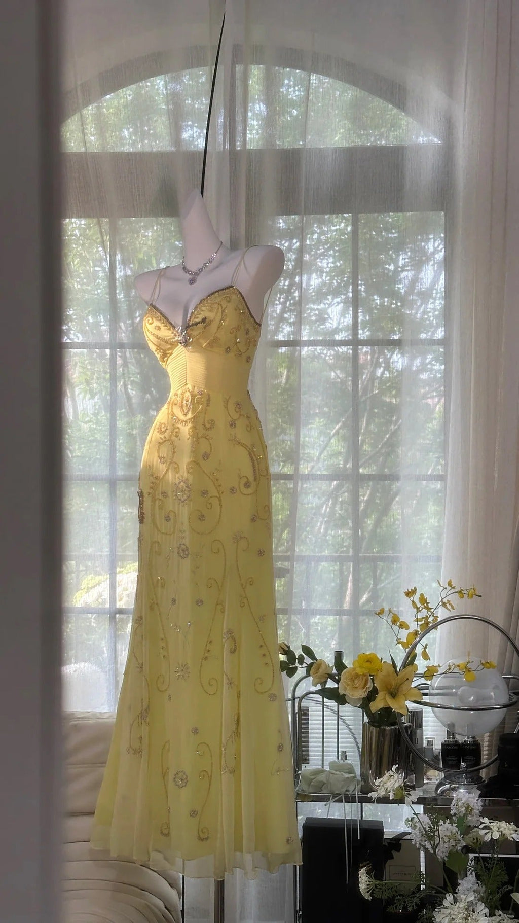 Yellow Gorgeous Exquisite Beaded Backless Spaetti Strap Long Chiffon Ball Gown Evening Dress Birthday/Holiday Party Dress Prom Dress 4063