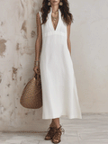 Elegant Vacation Cotton-Linen Pure White V-Neck A-Line Midi Dress