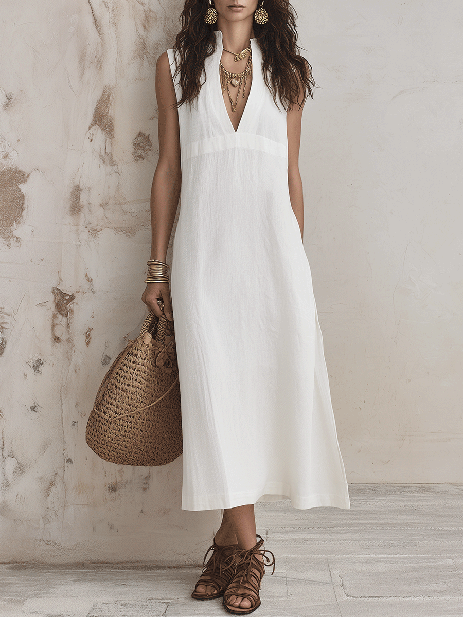 Elegant Vacation Cotton-Linen Pure White V-Neck A-Line Midi Dress