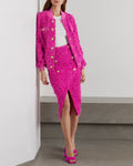 Metallic Button Tweed Bomber Jacket Slit Skirt Set