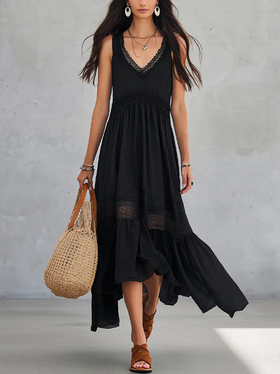 Graceful Black Lace V-Neck Midi Dress