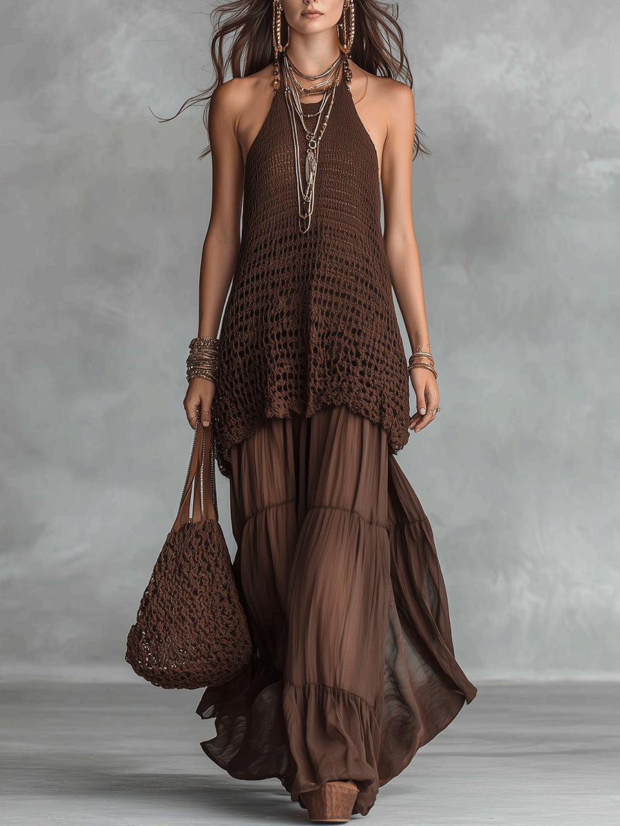 Bohemian Crochet Resort Chocolate Brown Halter Maxi Dress