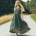 Retro Bohemian Floral Embroidery Art Sleeveless Linen Maxi Dress