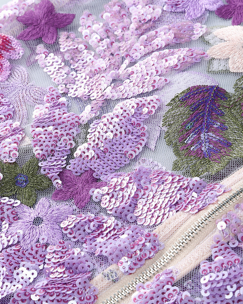 Strapless Floral Sequin Bustier Maxi Dress Lavender
