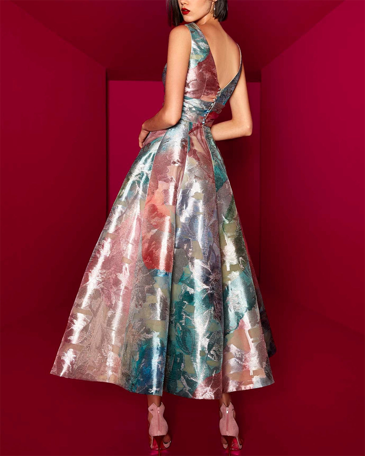 Women's V-neck Sleeveless Printed Satin Dress - 01