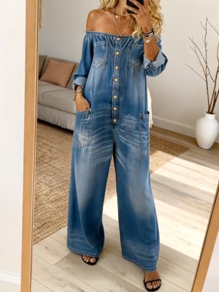 Blue Denim Off-the-Shoulder Wide Leg Jumpsuit