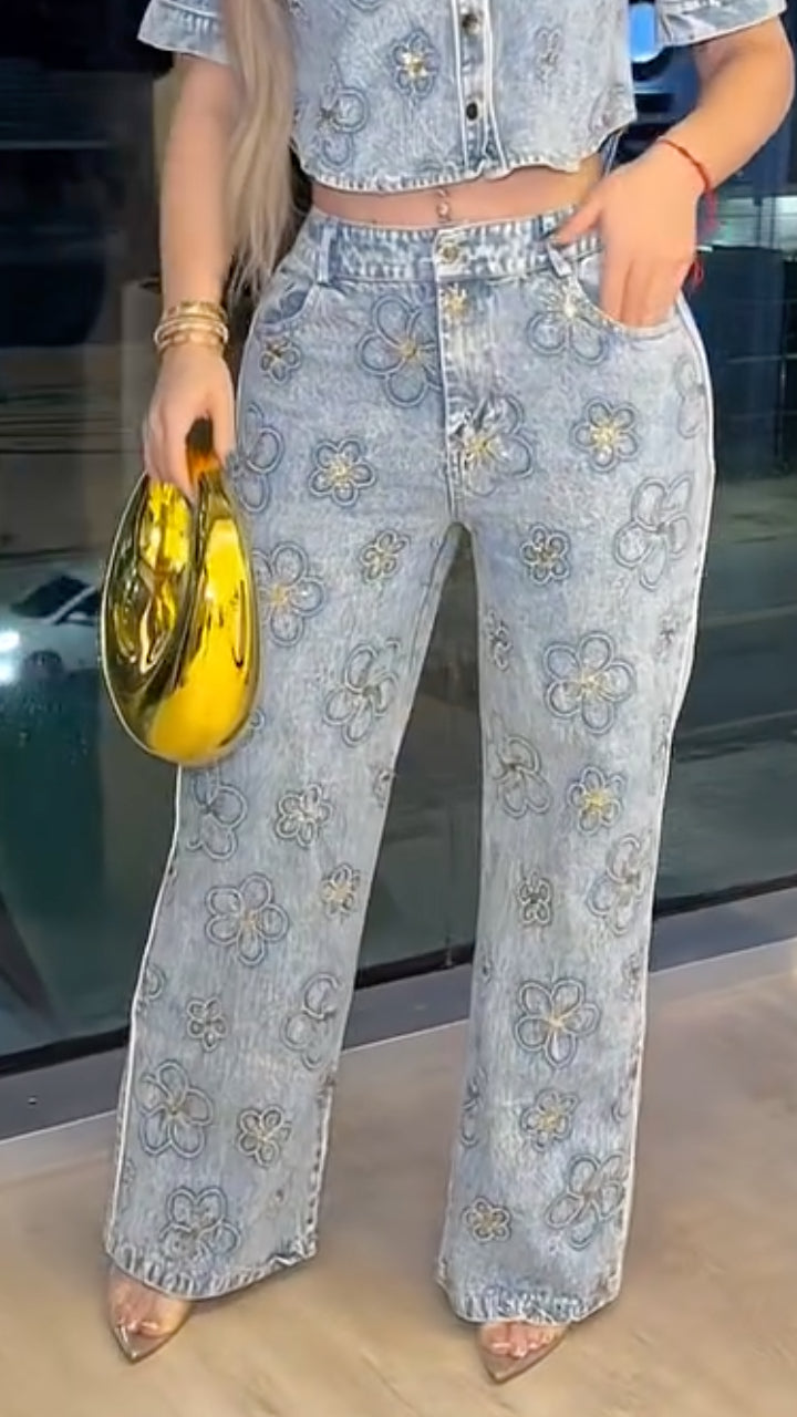 Light Wash Gold Floral Embroidered Denim 2 Piece Set,