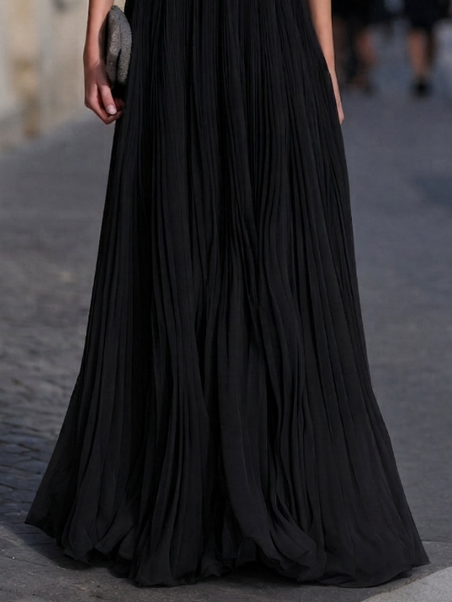 Off-Shoulder Feather-Trimmed Pleated Maxi Gown