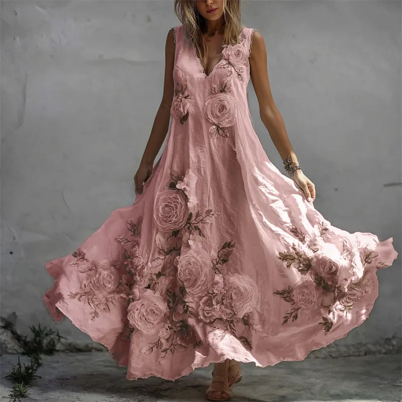 Vintage White Roses Fiber Art Flowy Linen Maxi Dress