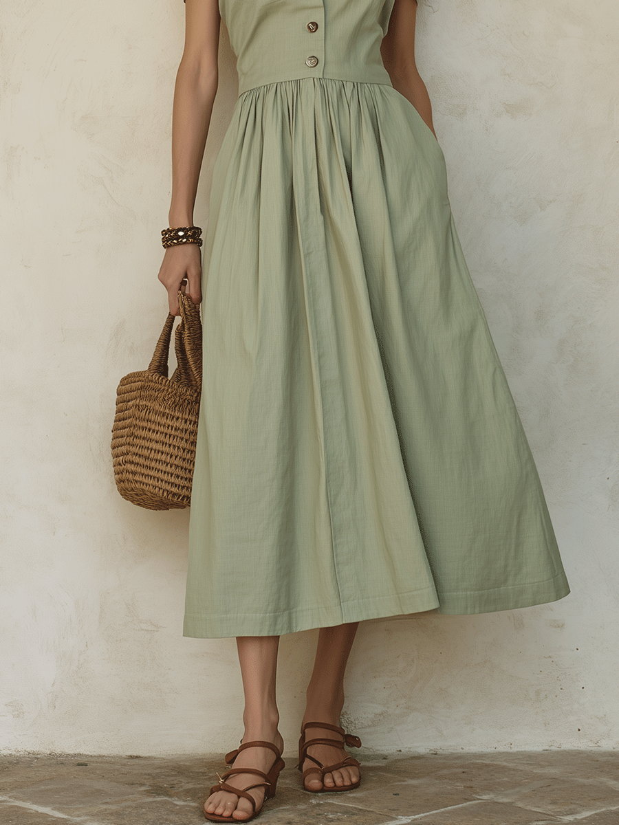 Bohemian Utility Resort Sage Green Button-Front Cotton Midi Dress