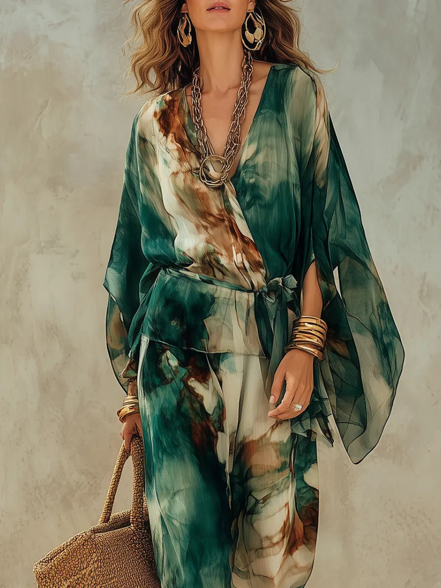 Bohemian Green Tie-dye Batwing Sleeve Top And Pants Set