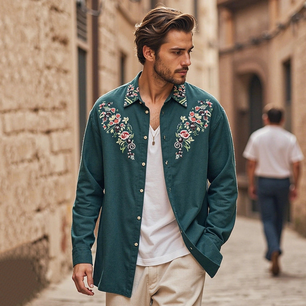 Men's Bohemian Embroidered Linen Long Sleeve Shirt