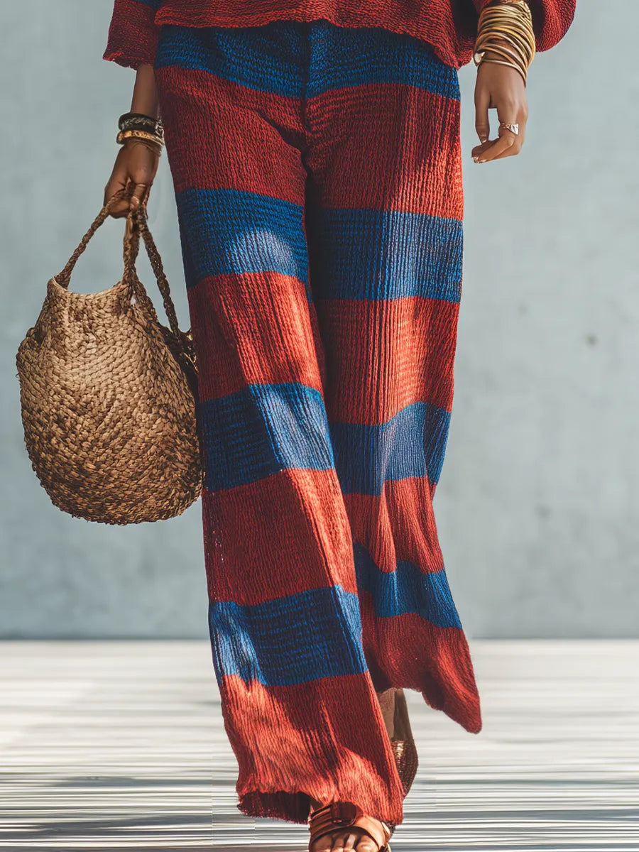 Boho Striped Knit Top & Wide-Leg Pants Set