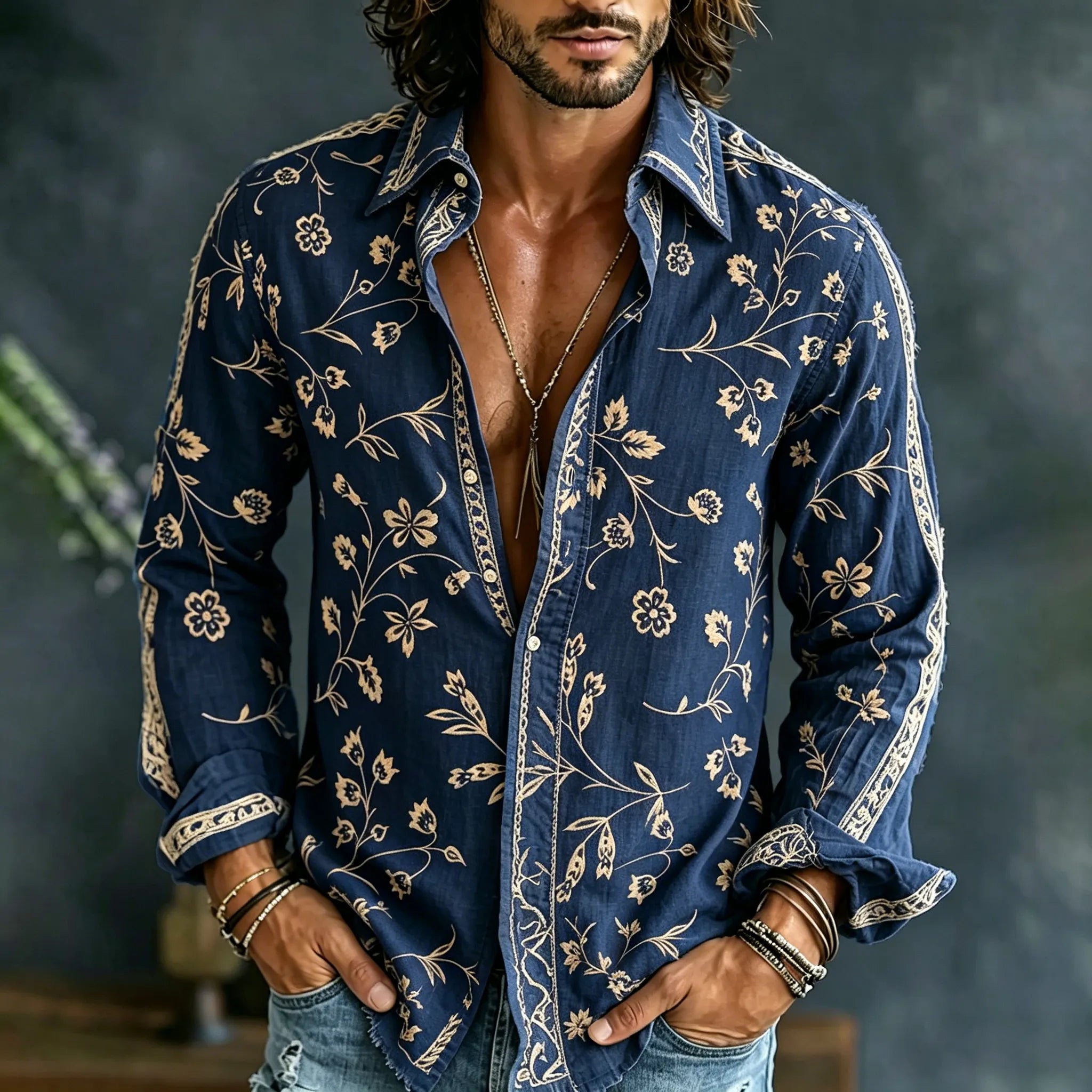 Men's Vintage Spring Floral Embroidered Art Print Flowy Linen Blend Casual Shirt