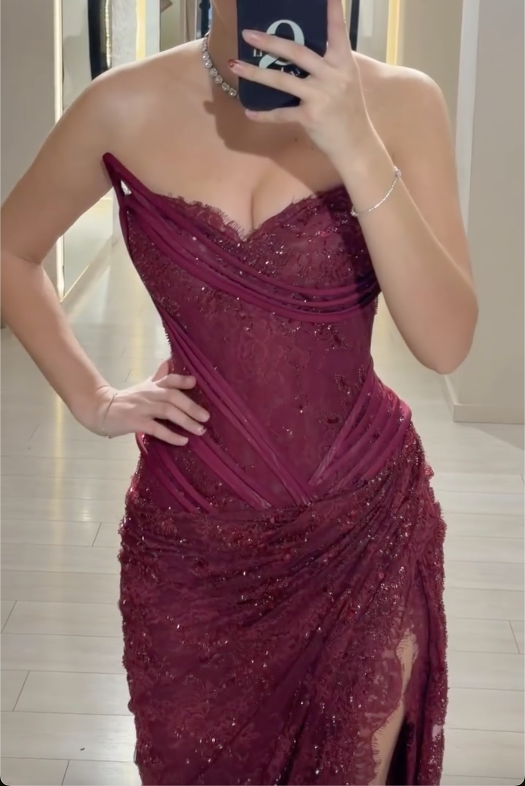 Burgundy/Red/Pink Lace One-Shoulder Maxi Dress