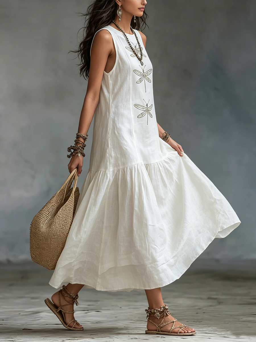 Retro Boho Dragonfly-print Cotton-linen Maxi Dress