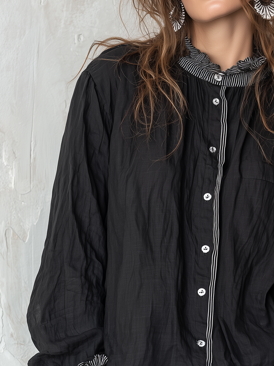 Relaxed Black Striped Trim Button-Up Shirt