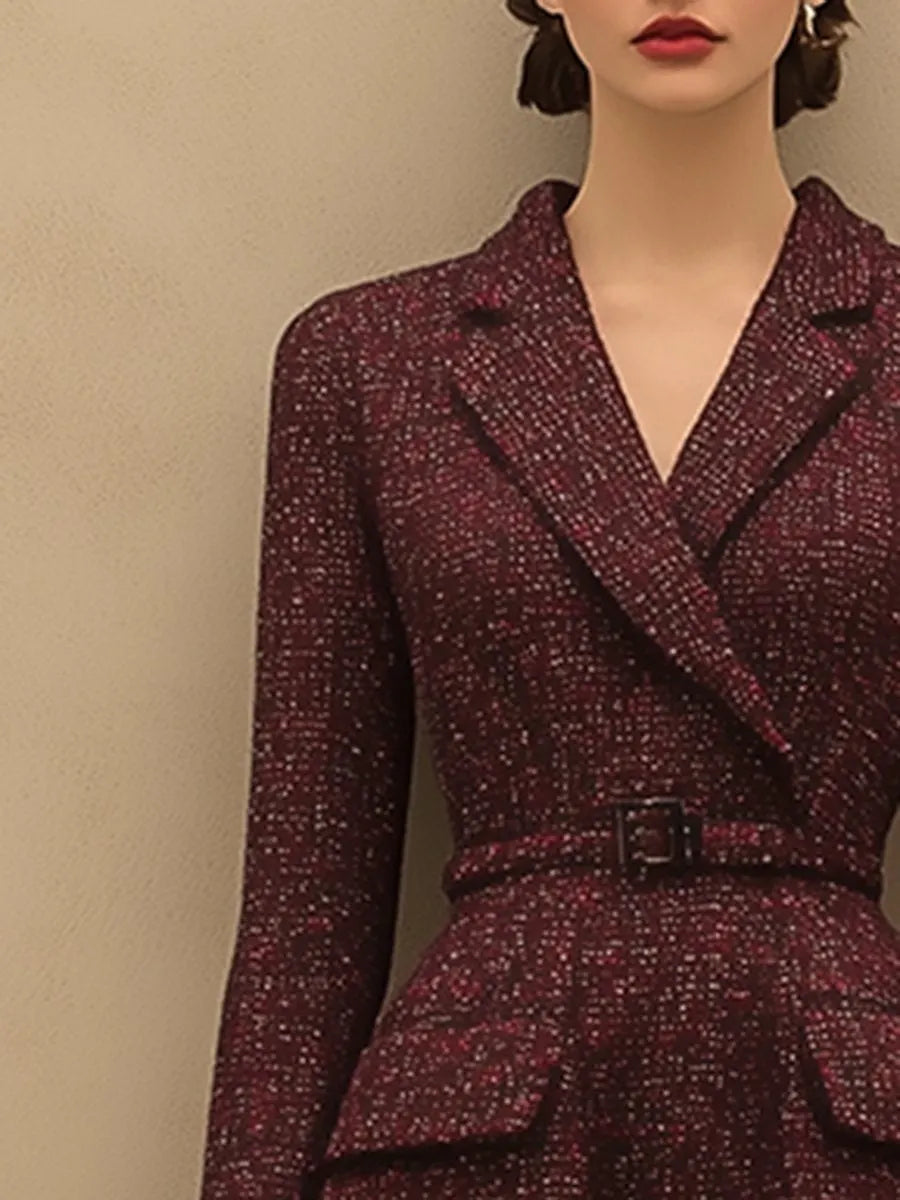 [24-hour shipping out]Vintage Elegant Ankola Red Tweed Lapel Dress