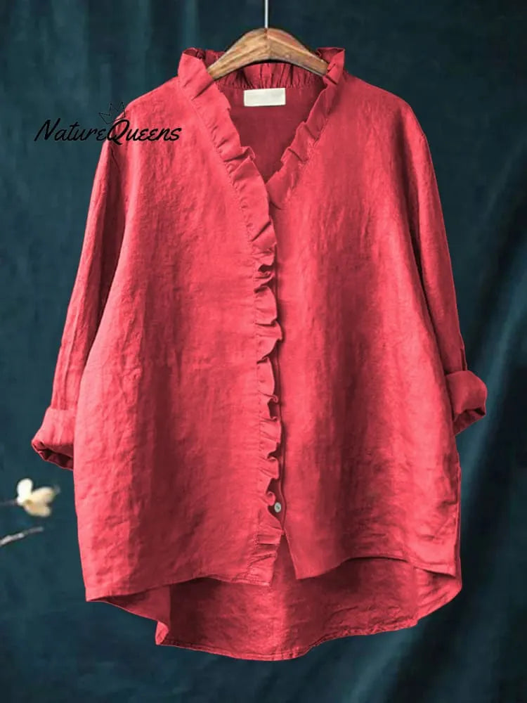 Women's Casual Cotton And Linen Ruffle Shirt