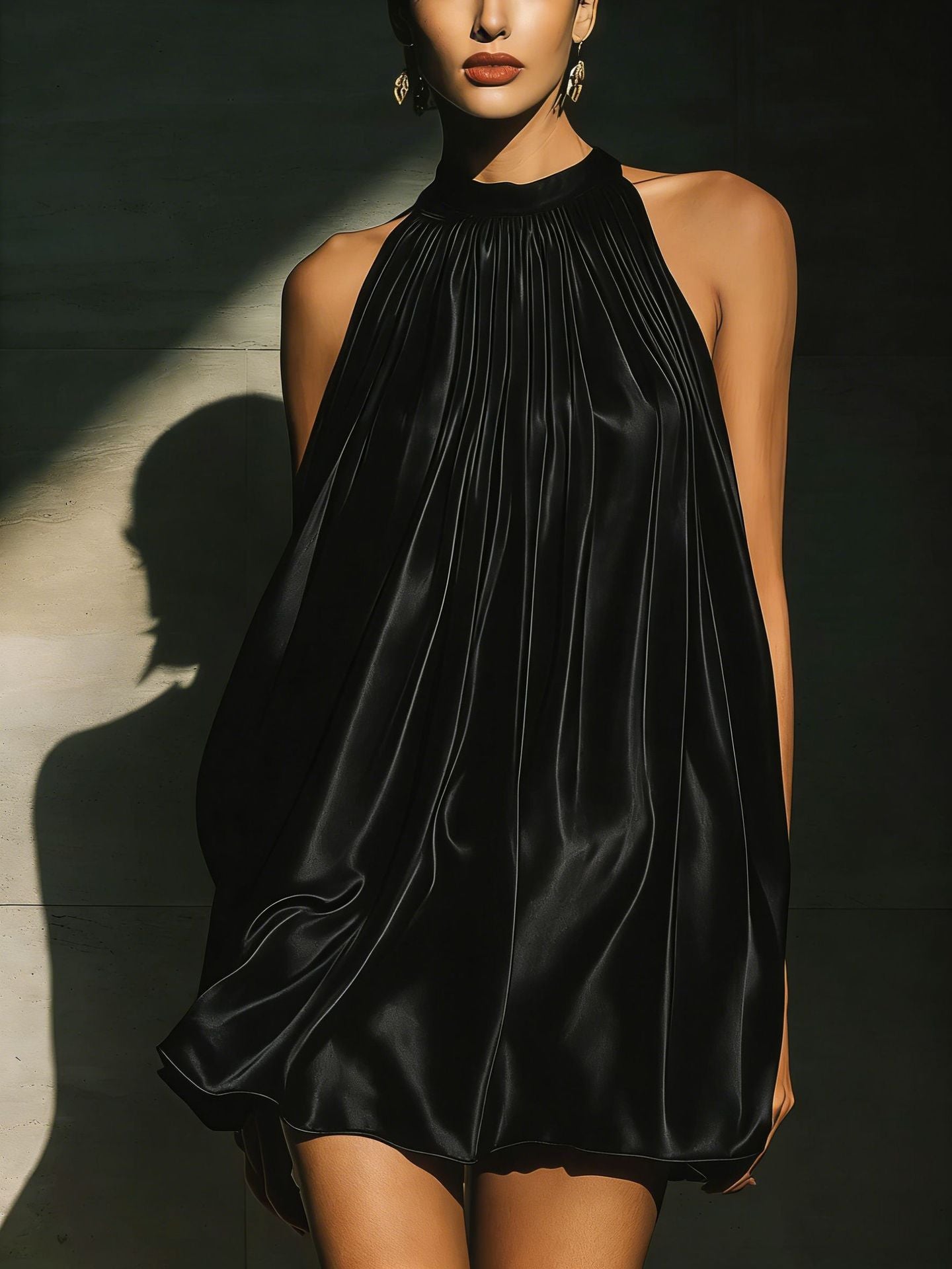 Women's Elegant Halter Neck Pleated Mini Dress - Silk-Touch Loose Flowy Party Swing Dress