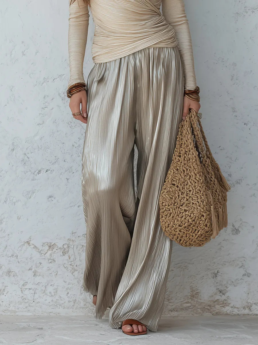 Coastal Evening Draped Wrap Top & Metallic Pleated Trousers Set