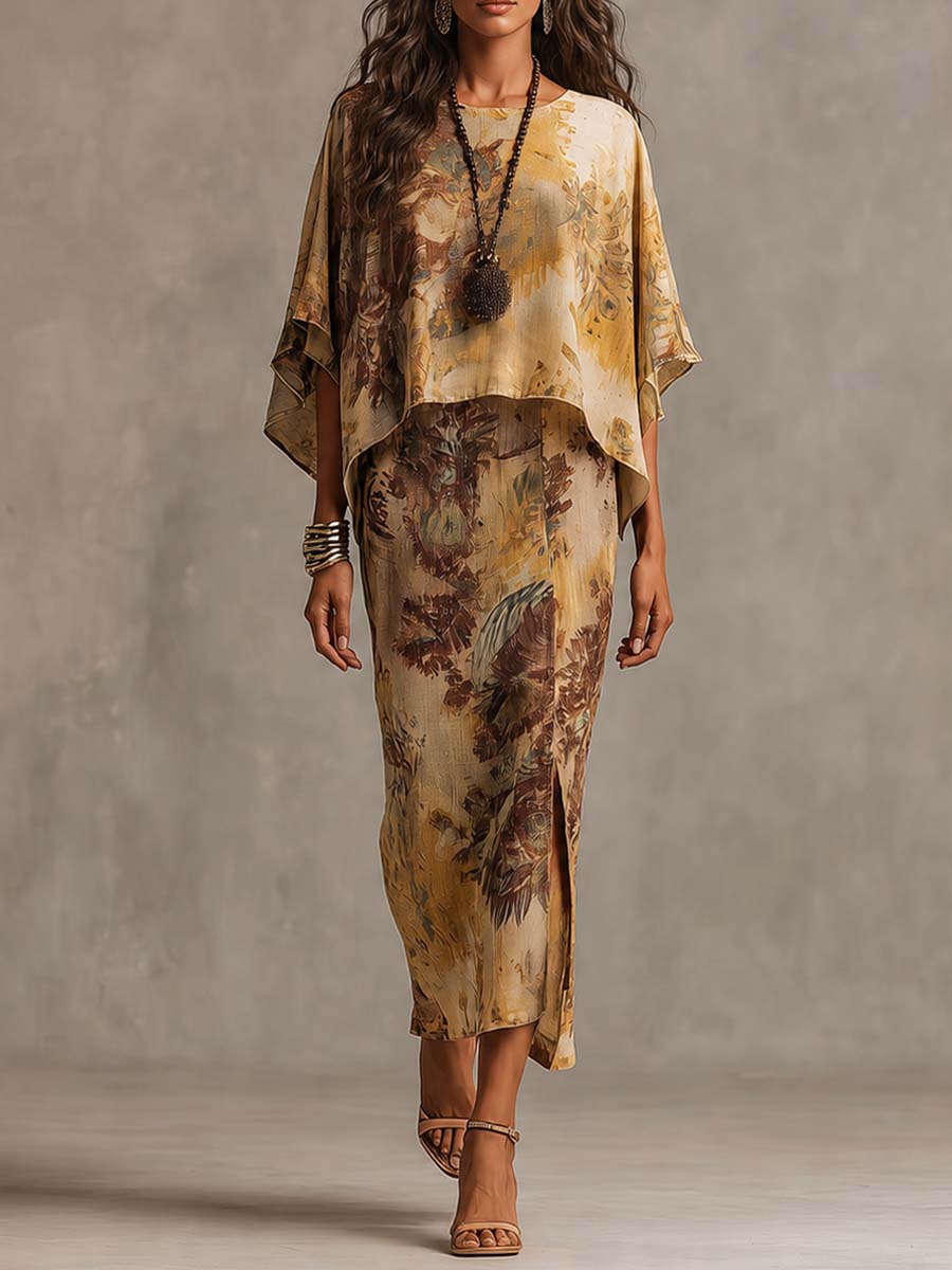Boho Vintage Floral Print Cape Sleeve Overlay Top & Side Slit Midi Skirt Two Piece Set
