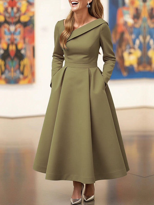 A-Line High Waisted Pleated Pockets Solid Color V-Neck Maxi Dresses