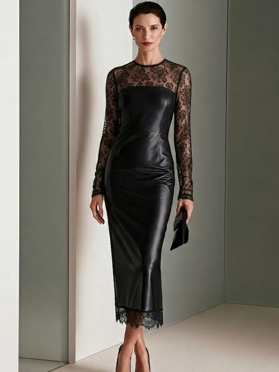 Lace-Panel Faux Leather Midi Dress