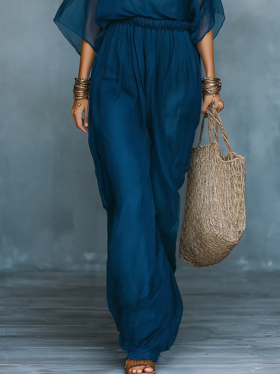 Minimalist Deep Blue Sheer Sleeve Wide-Leg Pant Set