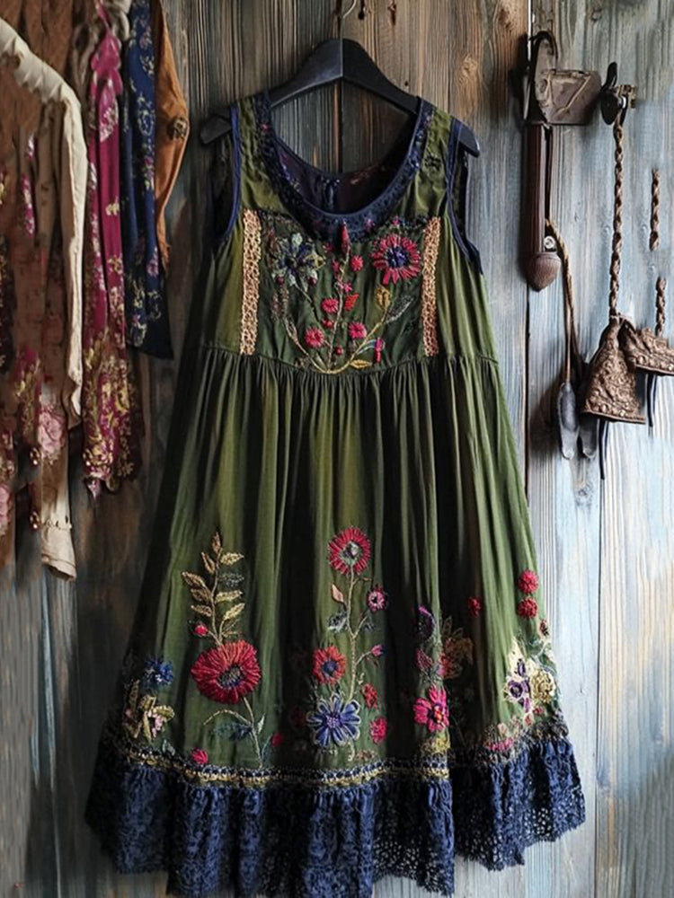 Vintage Tribal Embroidered Floral Art Sleeveless Midi Dress
