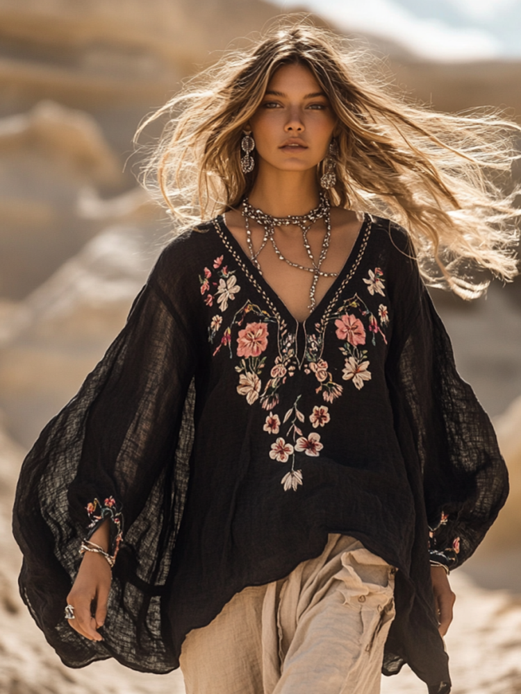 Boho Floral Embroidery Print Cotton And Linen Blend Loose Blouse