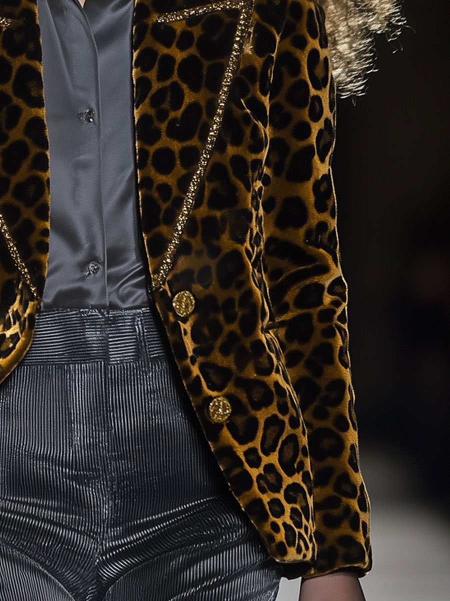 [24-hour shipping out]Casual Fashion Velvet Leopard Print Lapel Gold Edge Blazer