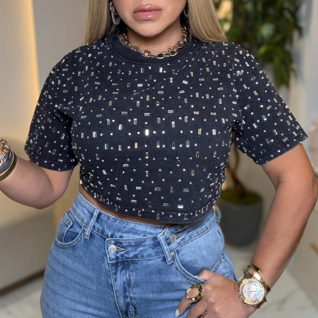 Sparkle Rhinestone Short Sleeve Cropped Knit Top