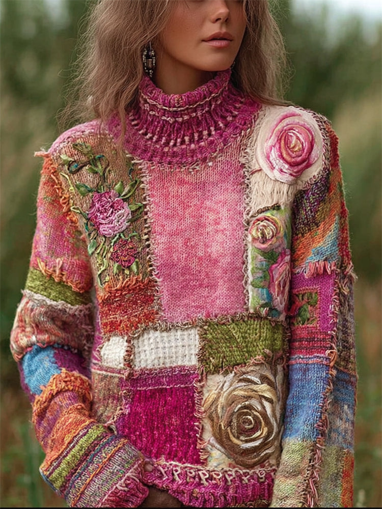 Boho Roses Crochet Floral Colorblock Cozy Knit Turtleneck Sweater