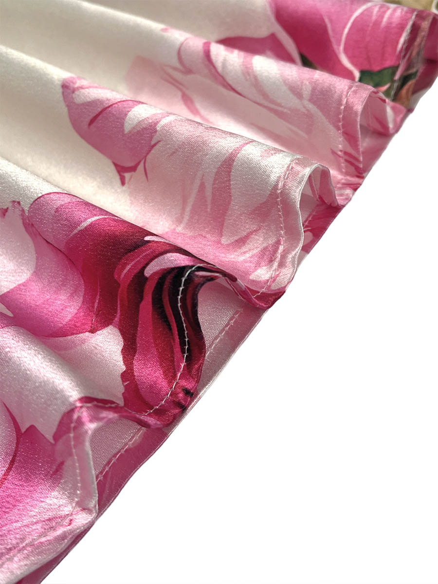 A-Line Long Sleeves Elasticity Flower Print Pleated Mock Neck Maxi Dresses