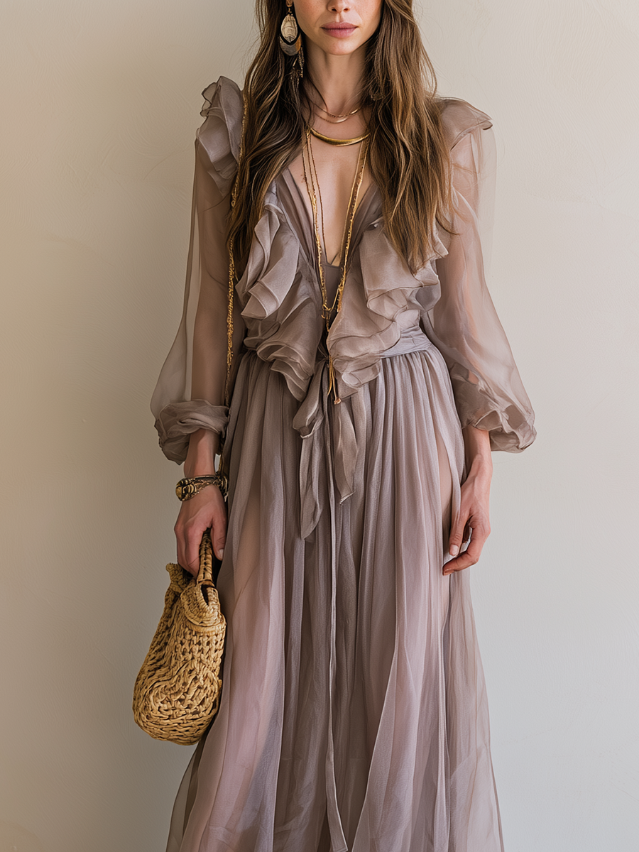 Bohemian Grey-brown Ruffled Maxi Dress