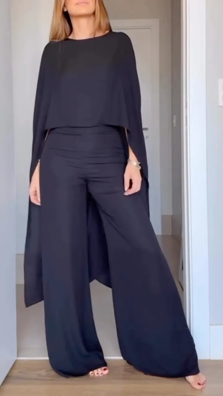 Black Cape Sleeve Draped Top Wide Leg Pants Set