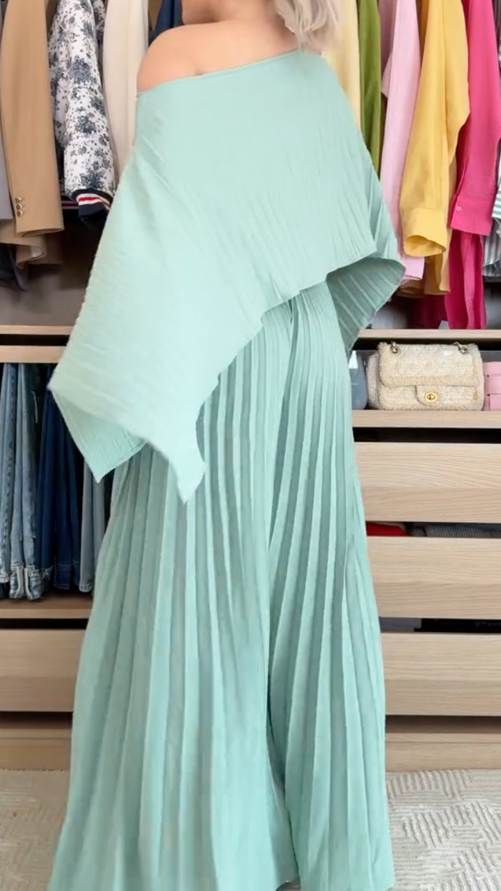 Pleated Cape Sleeve Top Wide Leg Pants Set