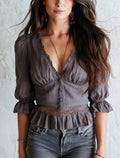 Casual Grey V-Neck Button Blouse