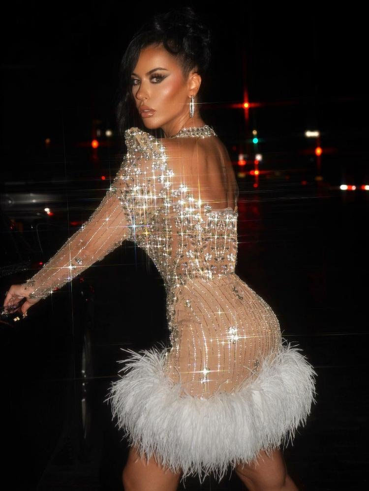 Neosepa-Padded Shoulder Lace Up Low Back Shimmering Sequin Feather Hem Mini Evening Dress