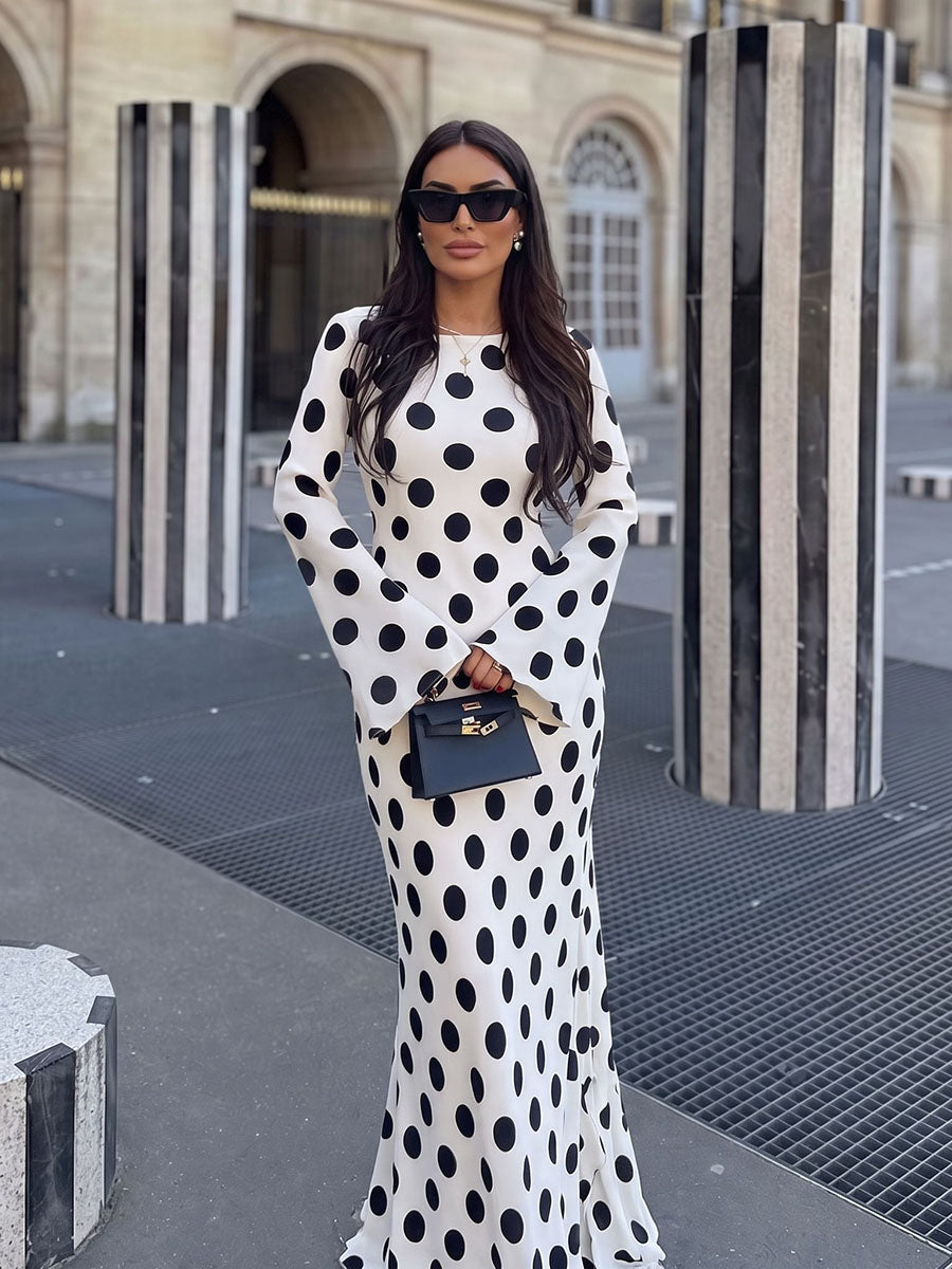 Polka Dot Contrast Color Loose Long Sleeves Round-neck Maxi Dresses