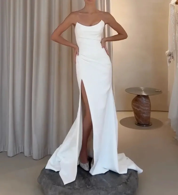 Strapless Cowl Neck Satin Mermaid Wedding Dress High Slit Bridal Gown With Detachable Lace Gloves