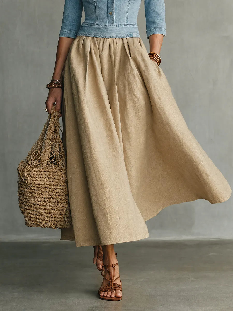 Modern Boho Lapel Denim Top & Linen Skirt Dress