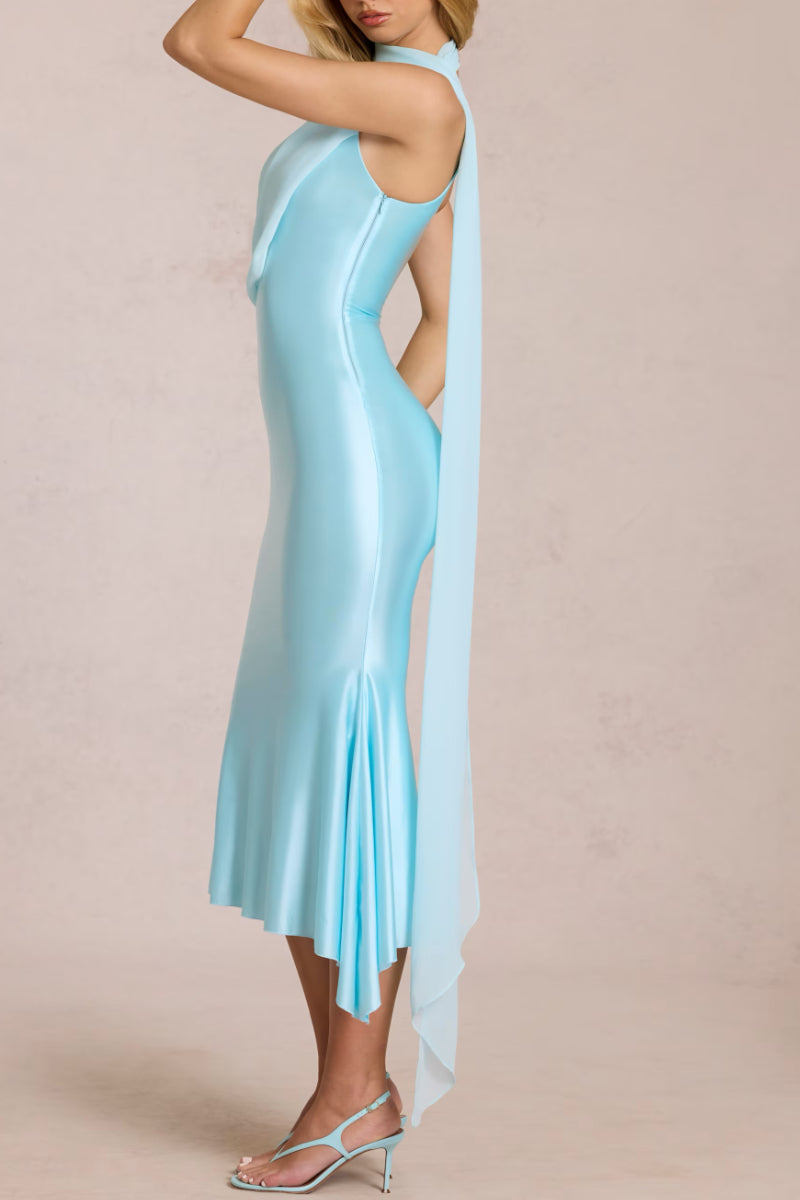 Halter Neck Draped Ruffle Midi Bodycon Evening Party Satin Dress