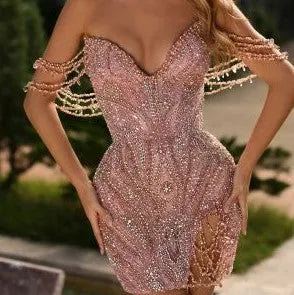BEADED PINK CORSET MINI WITH DRAPED CRYSTAL DETAIL